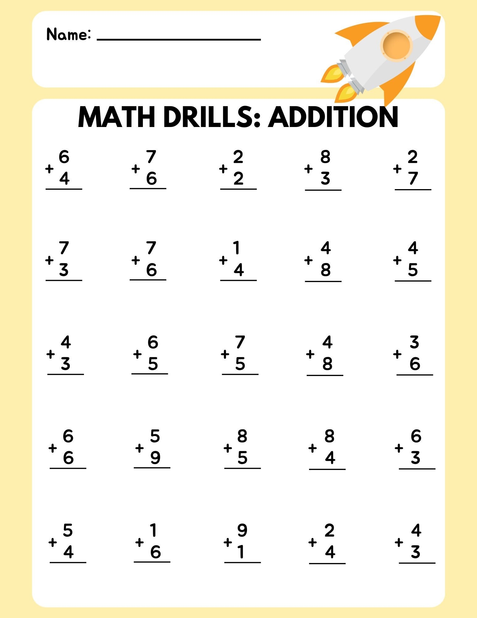 Math Drill Addition Worksheet 4 Etsy