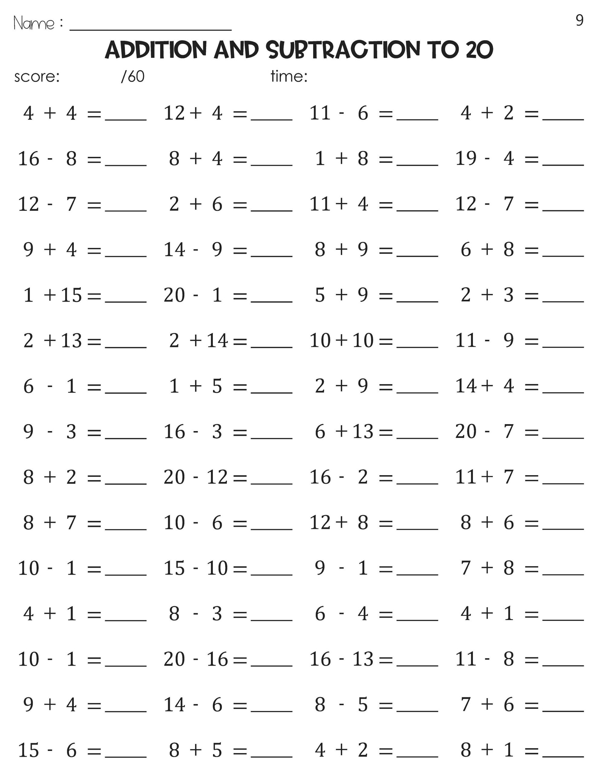 Math Fact Fluency Addition And Subtraction To 20 Timed Tests Practice Etsy Denmark