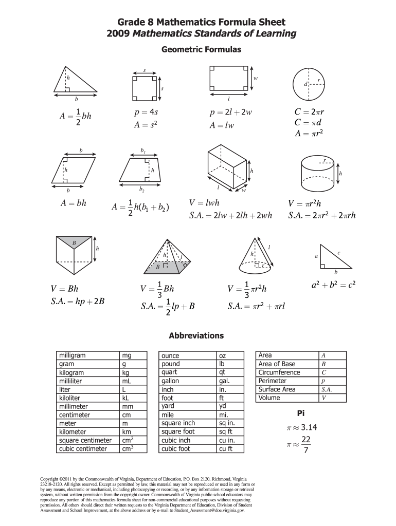 Math Formula Chart 8th Grade Fill Online Printable Fillable Blank PdfFiller