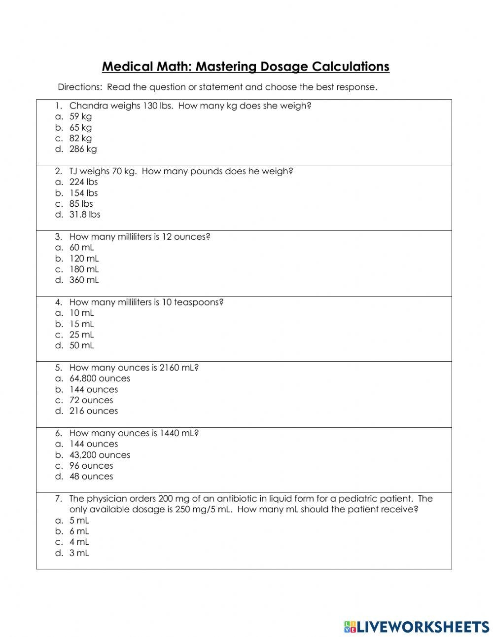 Math Practice For Nursing Online Exercise For Live Worksheets Worksheets Library
