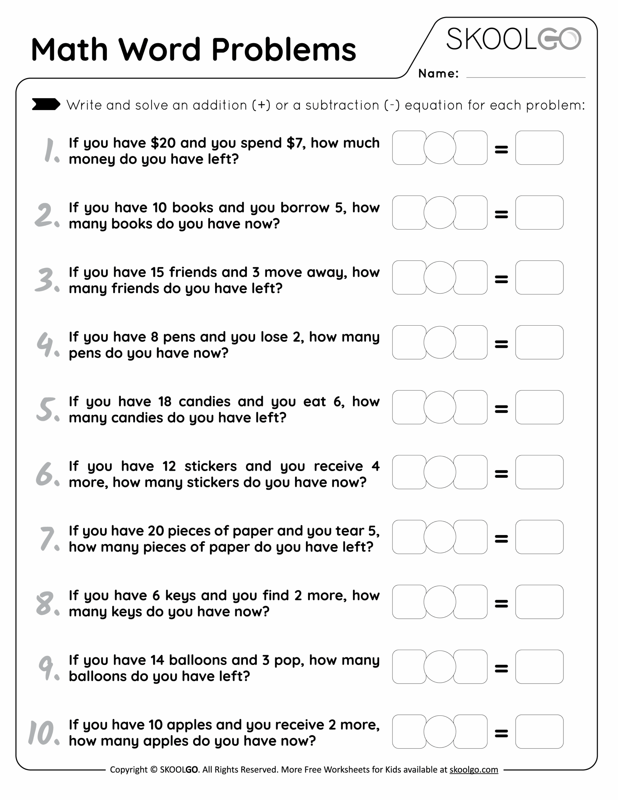 Math Word Problems Worksheets