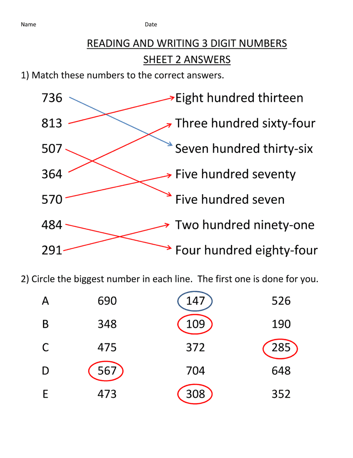 Math Worksheet Answers Reading Writing 3 Digit Numbers Studocu
