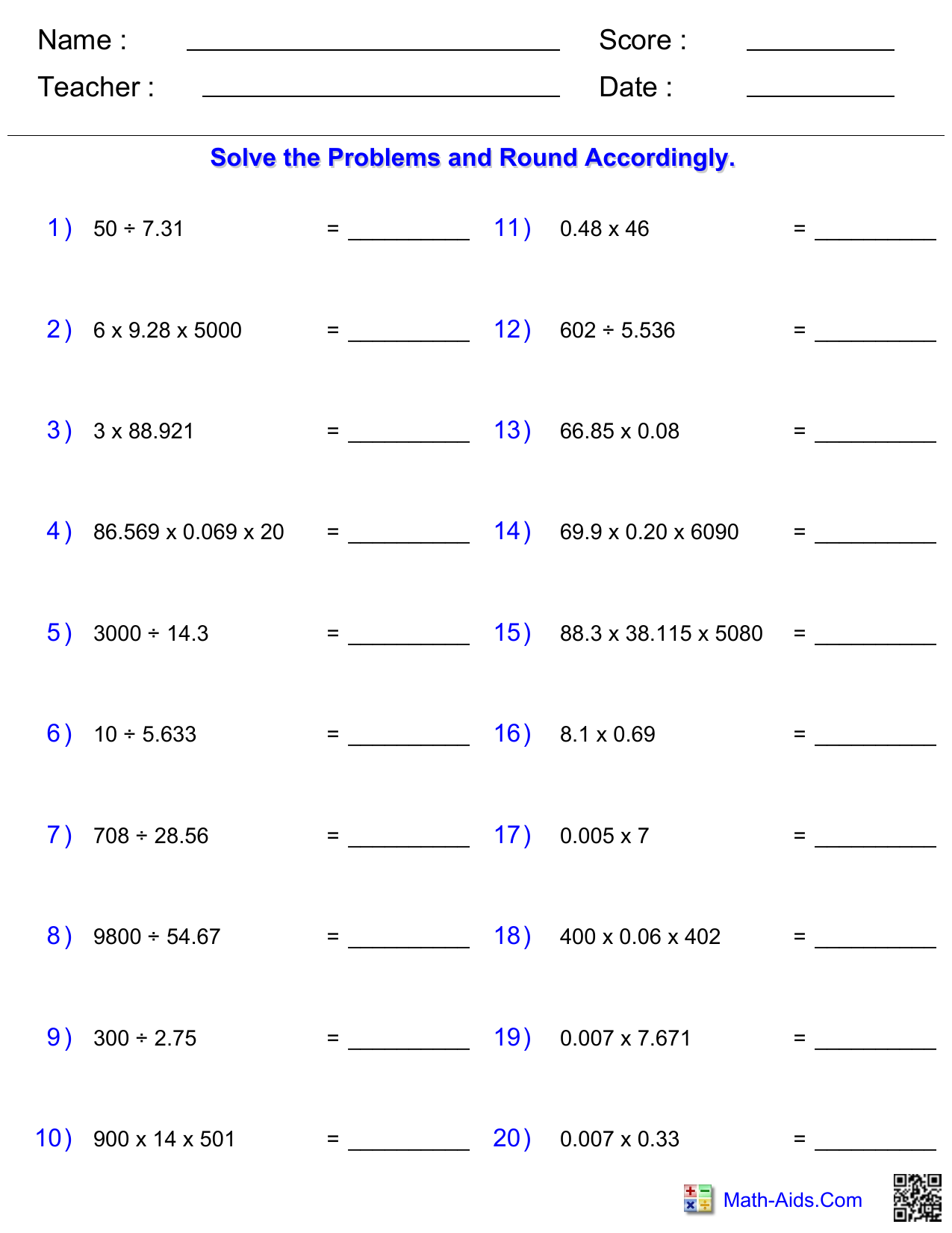 math aids worksheets