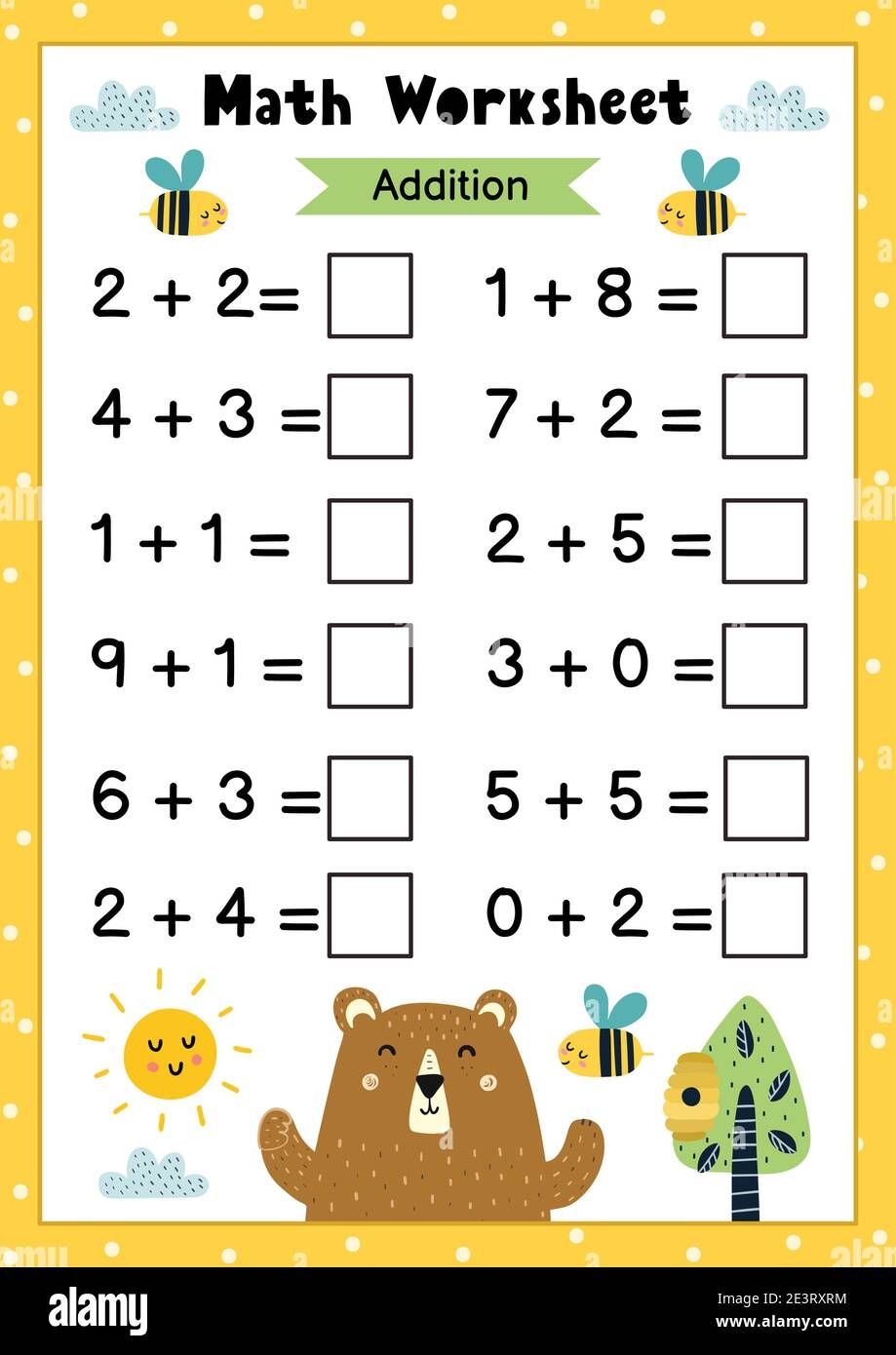 Math Worksheet For Kids Addition Mathematic Activity Page With Cute Owls Stock Vector Image Art Alamy