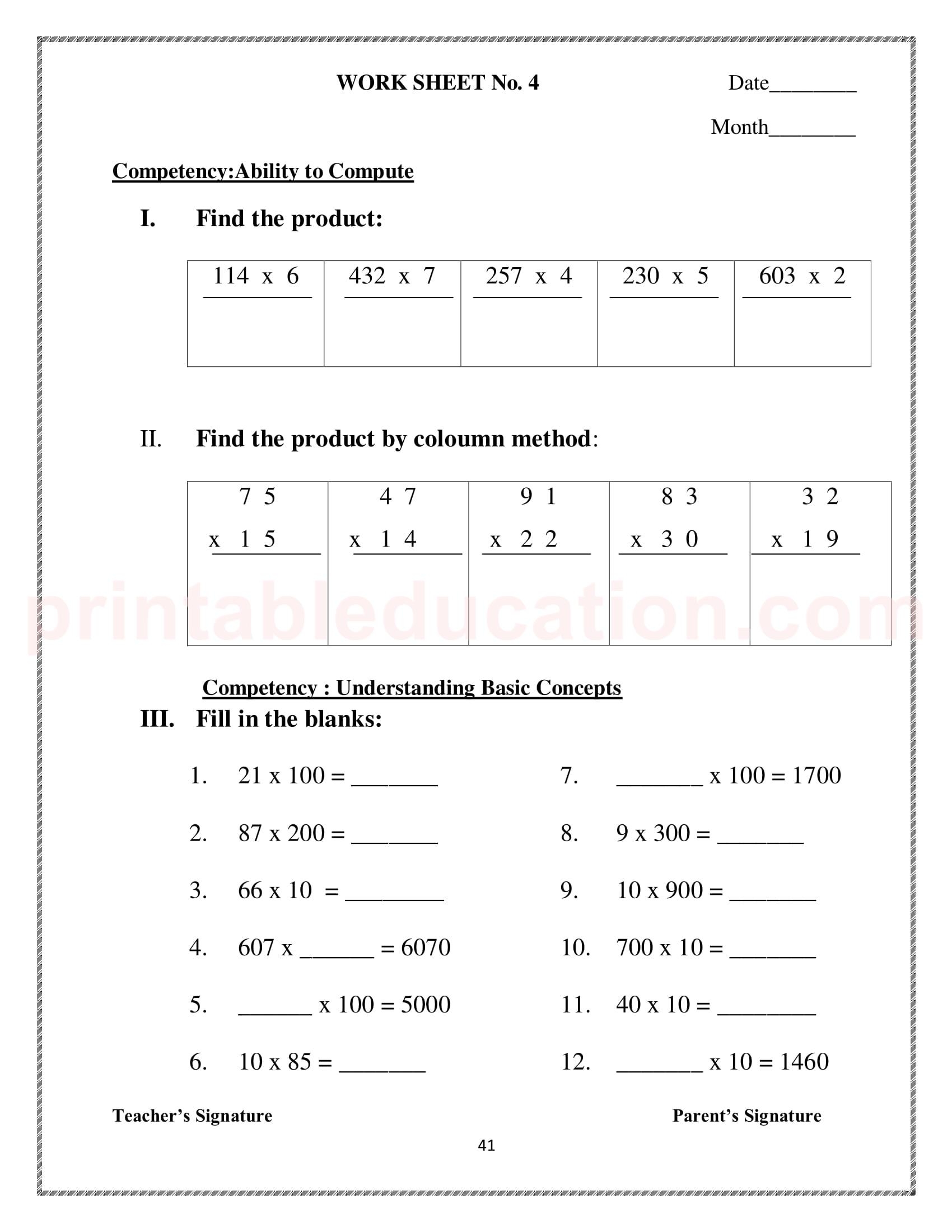 maths worksheet for class 3