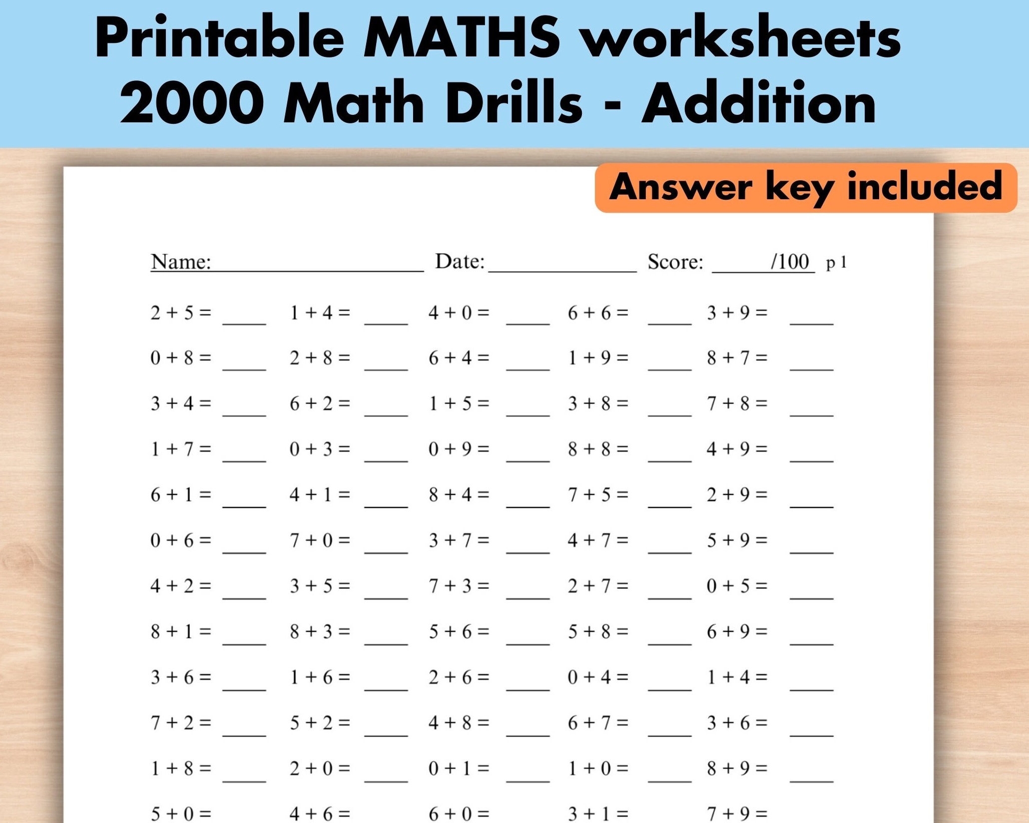 Maths Drill Addition Worksheets Printable Numbers 0 To 9 Practice Speed Counting Addition Homework Maths Worksheet Answers Included Etsy