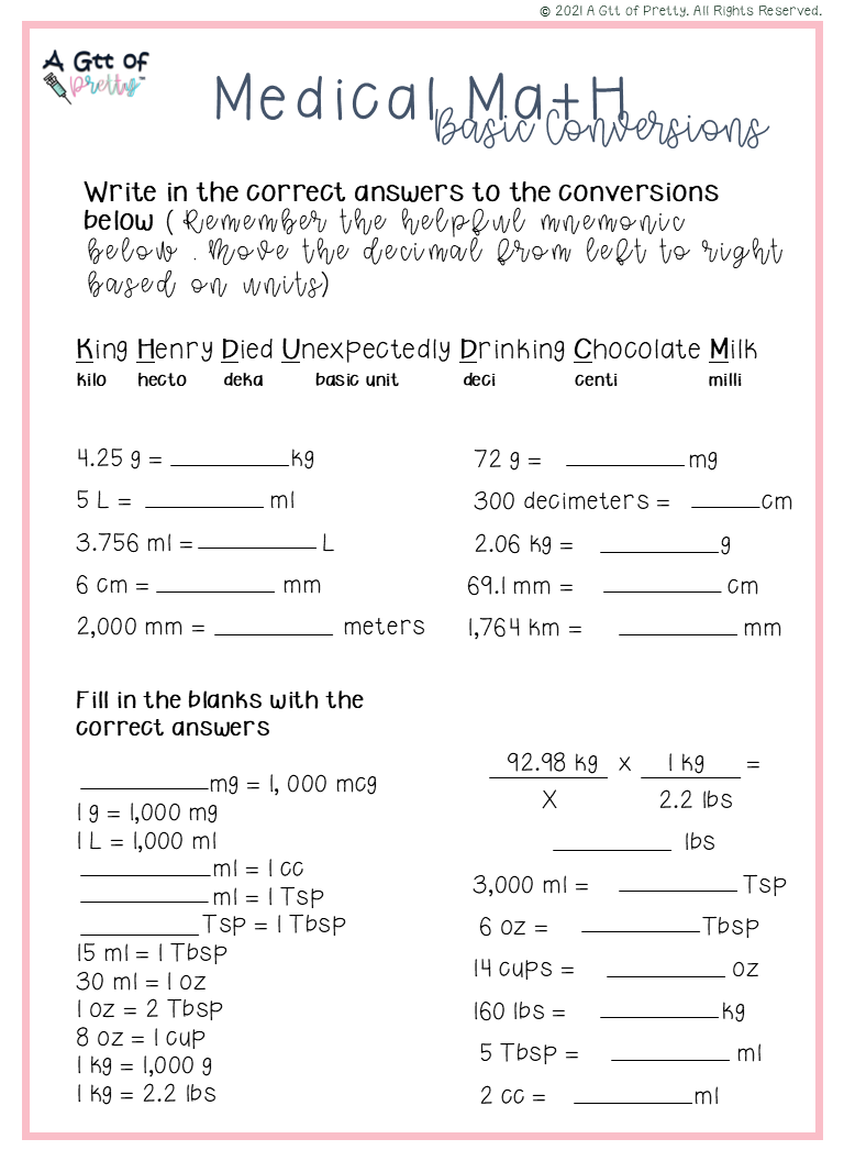 Medical Math Workbook with Conversions And Dosage Calculations A Gtt Of Pretty