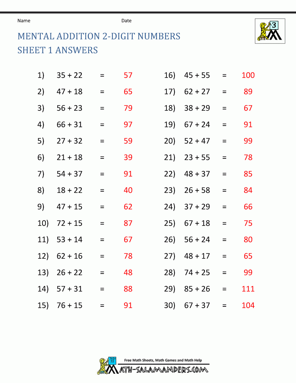 Mental Addition 2 digit Numbers Sheet 1 Answers