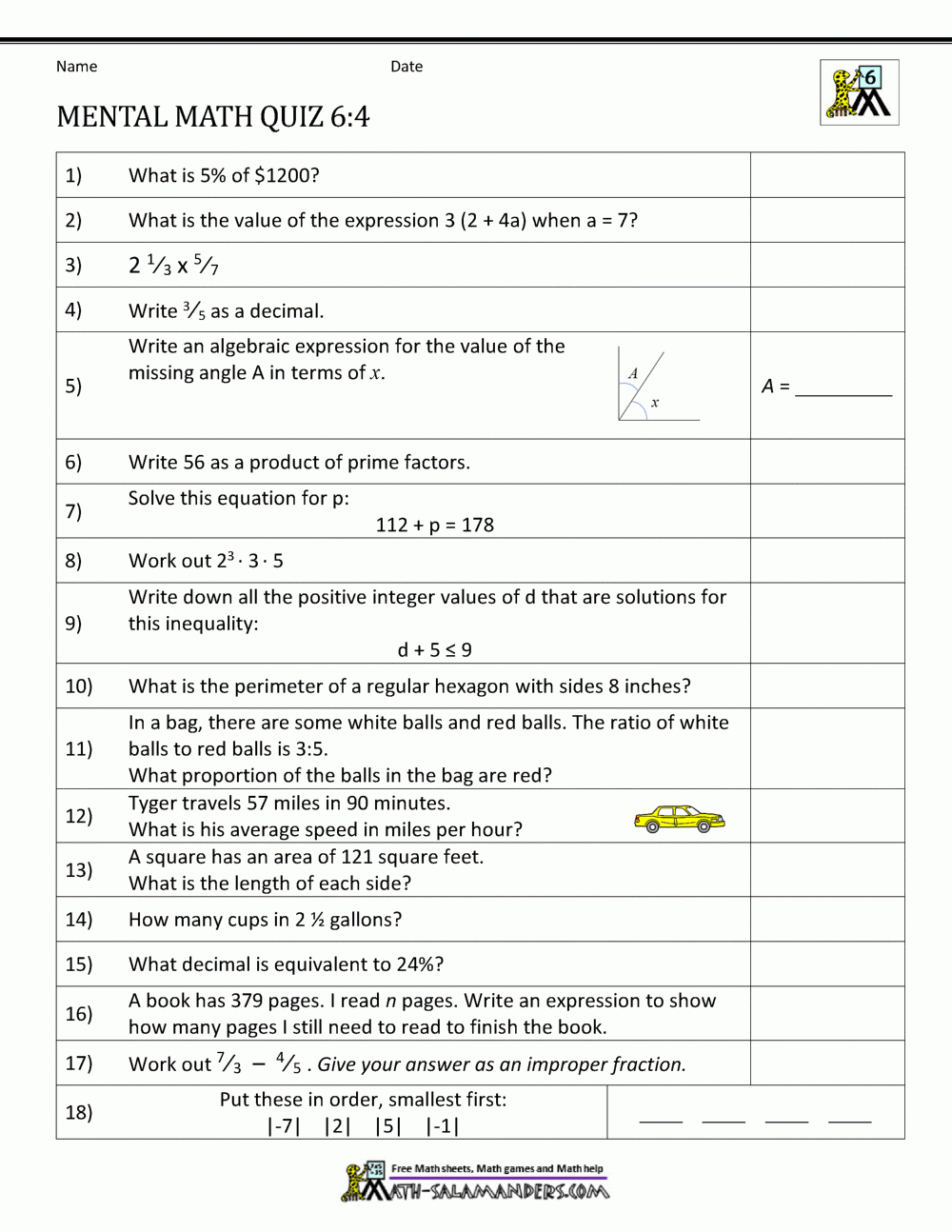 Mental Math 6th Grade