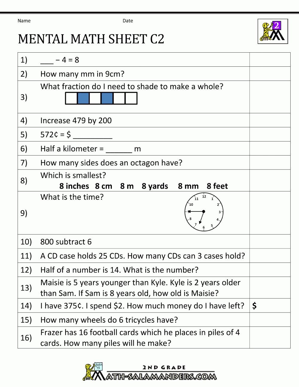 Mental Math Worksheets