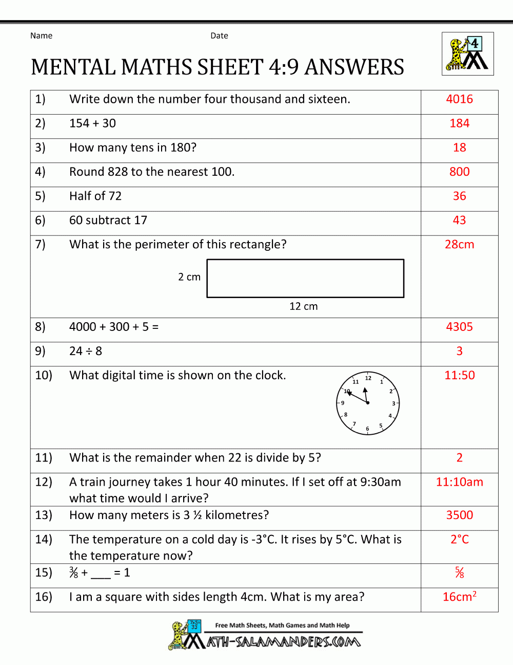 class iv maths worksheet