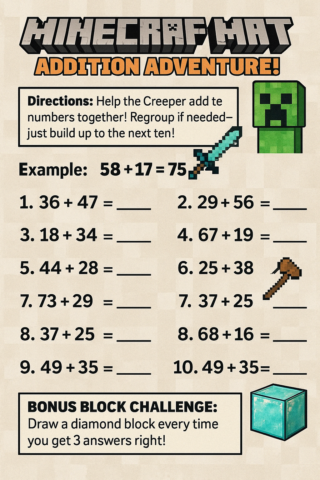 Minecraft Math Addition Adventure With Regrouping Classful