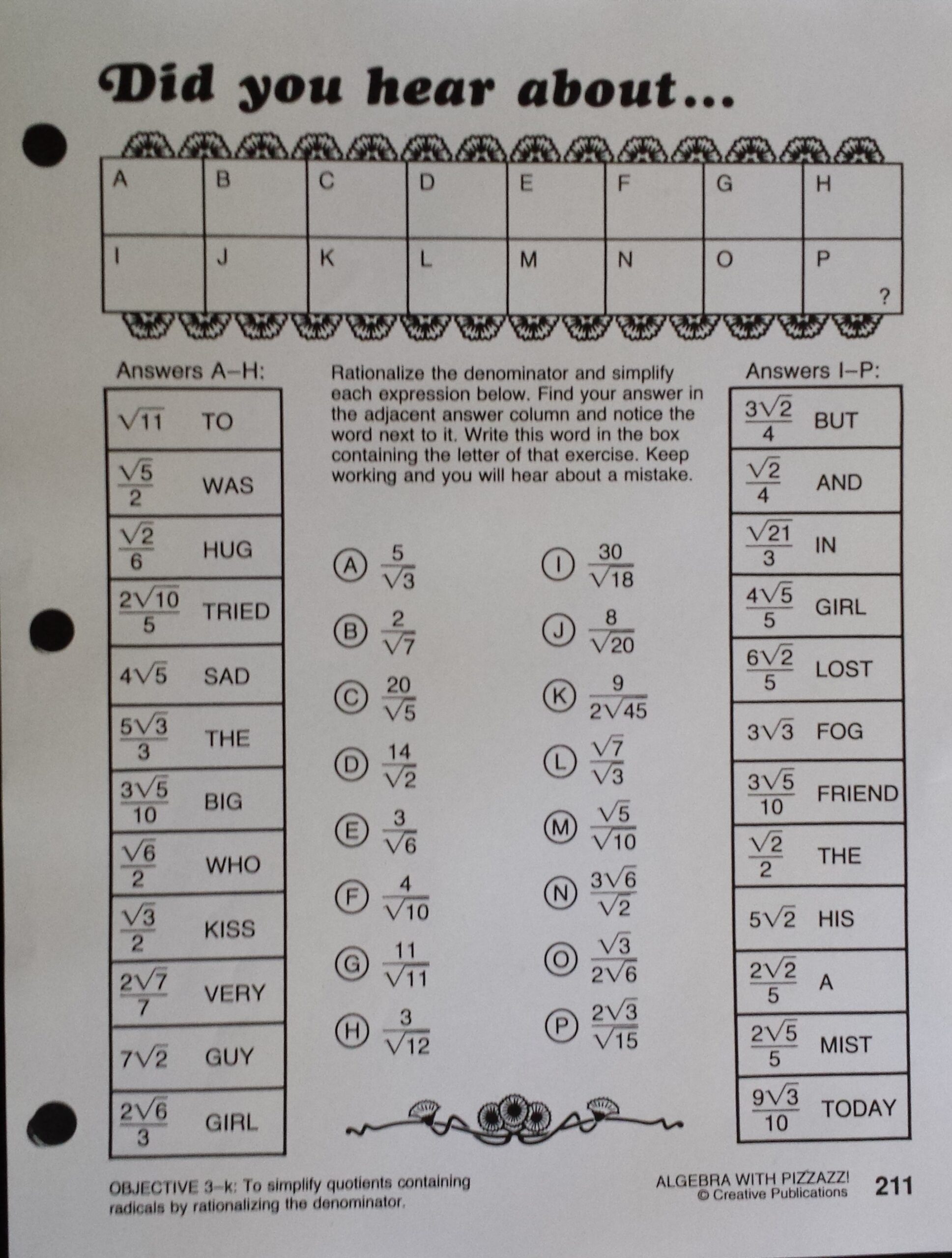 did u hear about math worksheet