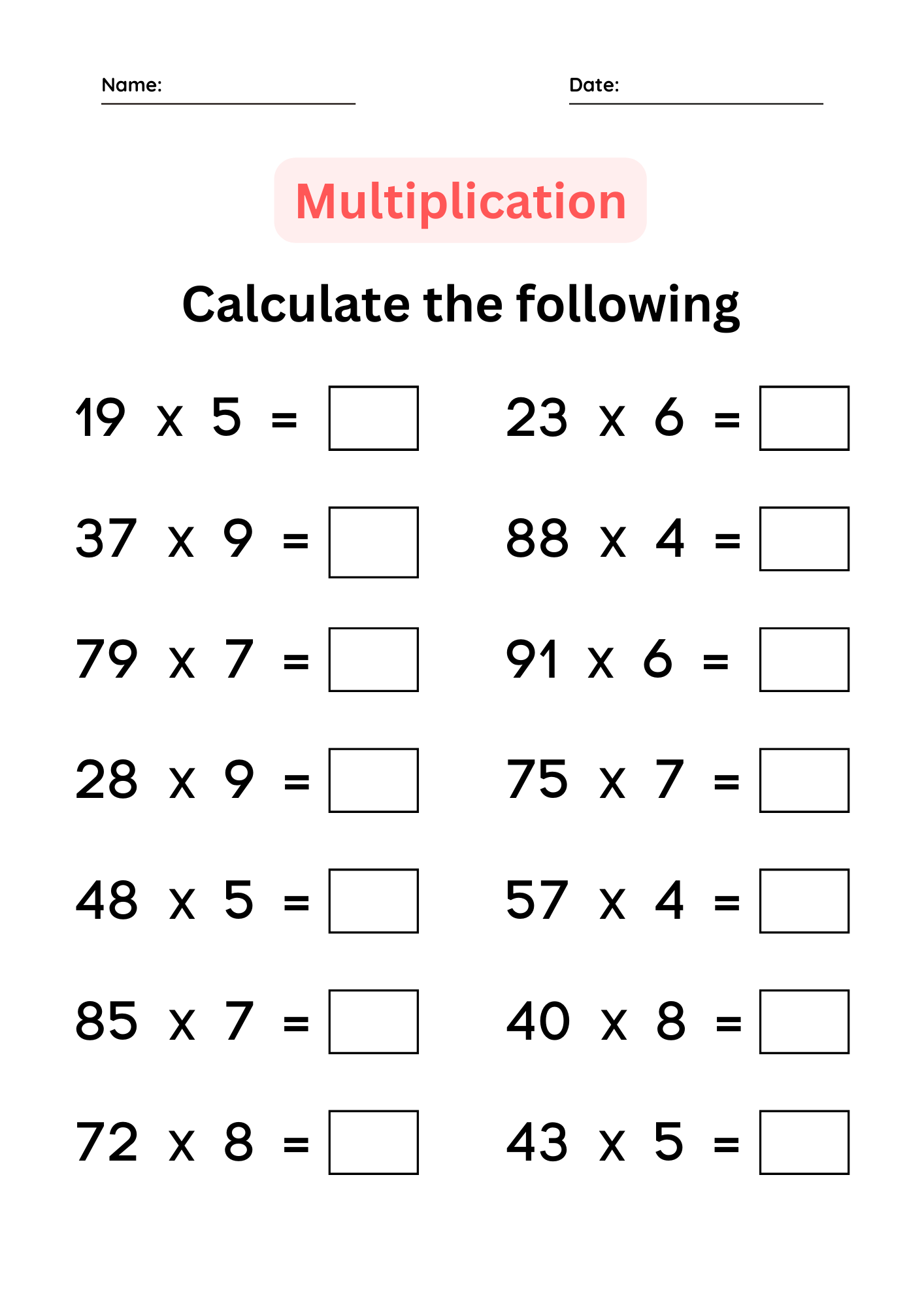 Multiplication Math Facts Worksheets