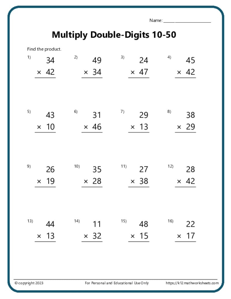 multiplication math facts worksheets