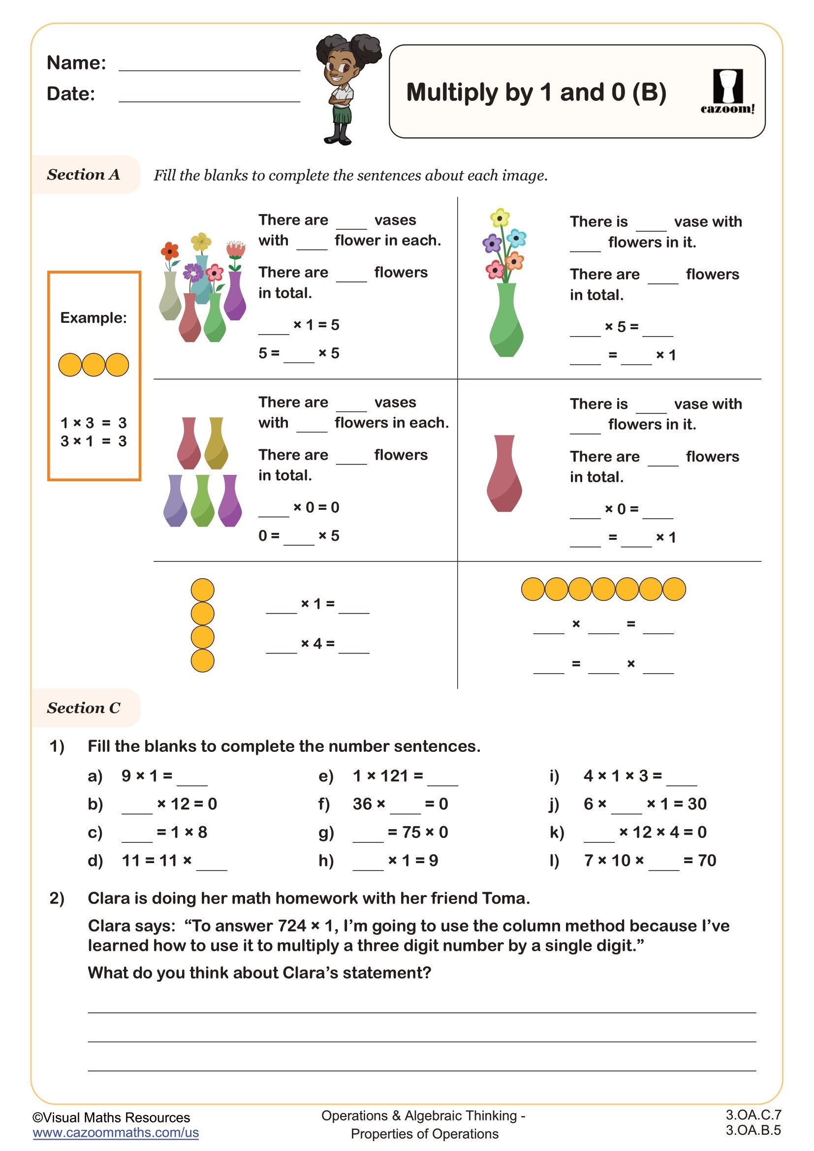 Multiplying By 1 And 0 B Worksheet Fun And Engaging 3rd Grade Operations Algebraic Thinking Worksheet