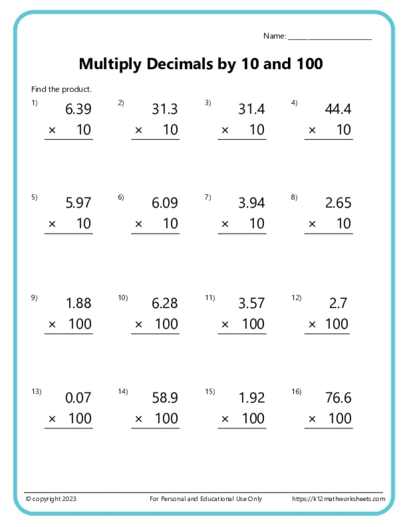 Math Decimals Worksheets