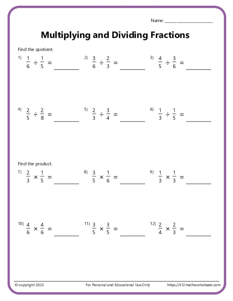 Multiplying Fractions Worksheets