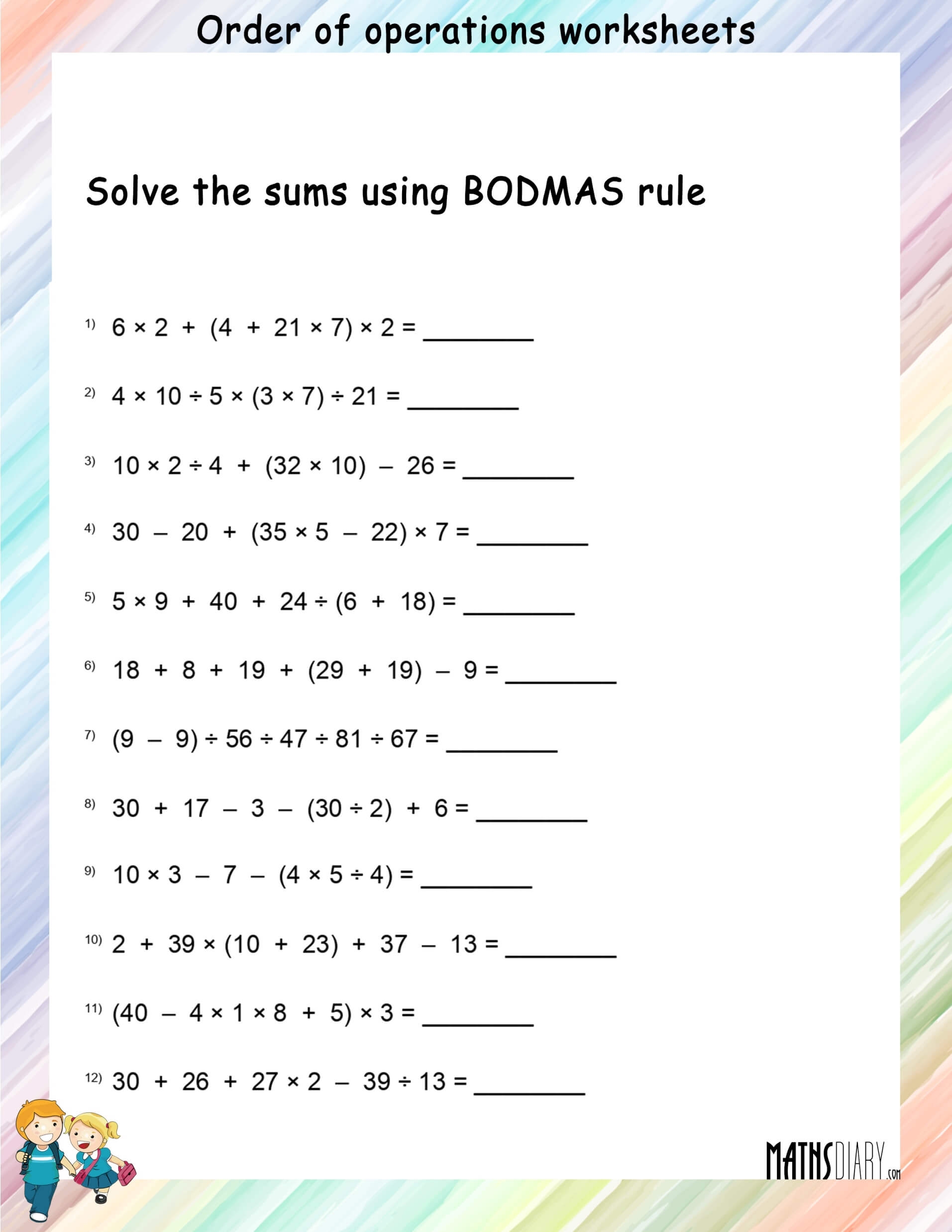 order of operations math worksheet