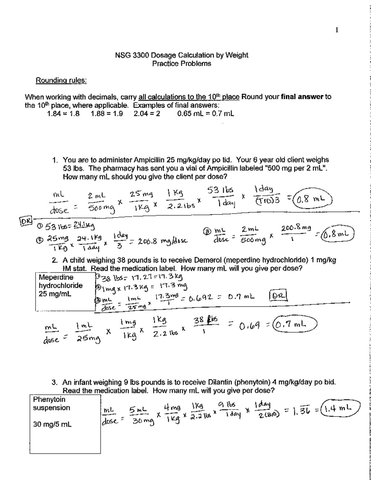 nursing math practice worksheets with answers