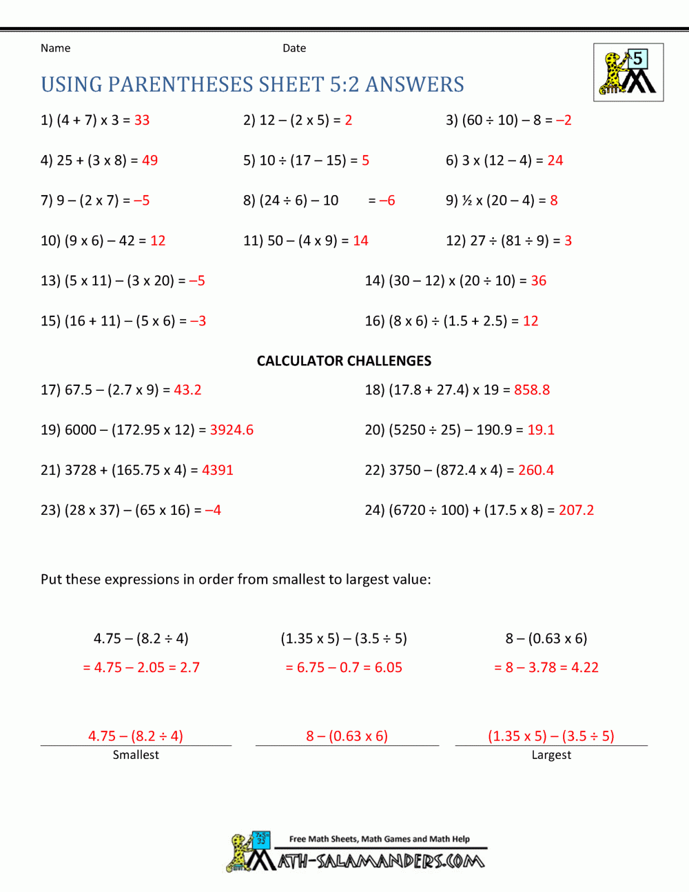 Math Worksheets Grade 5 With Answers