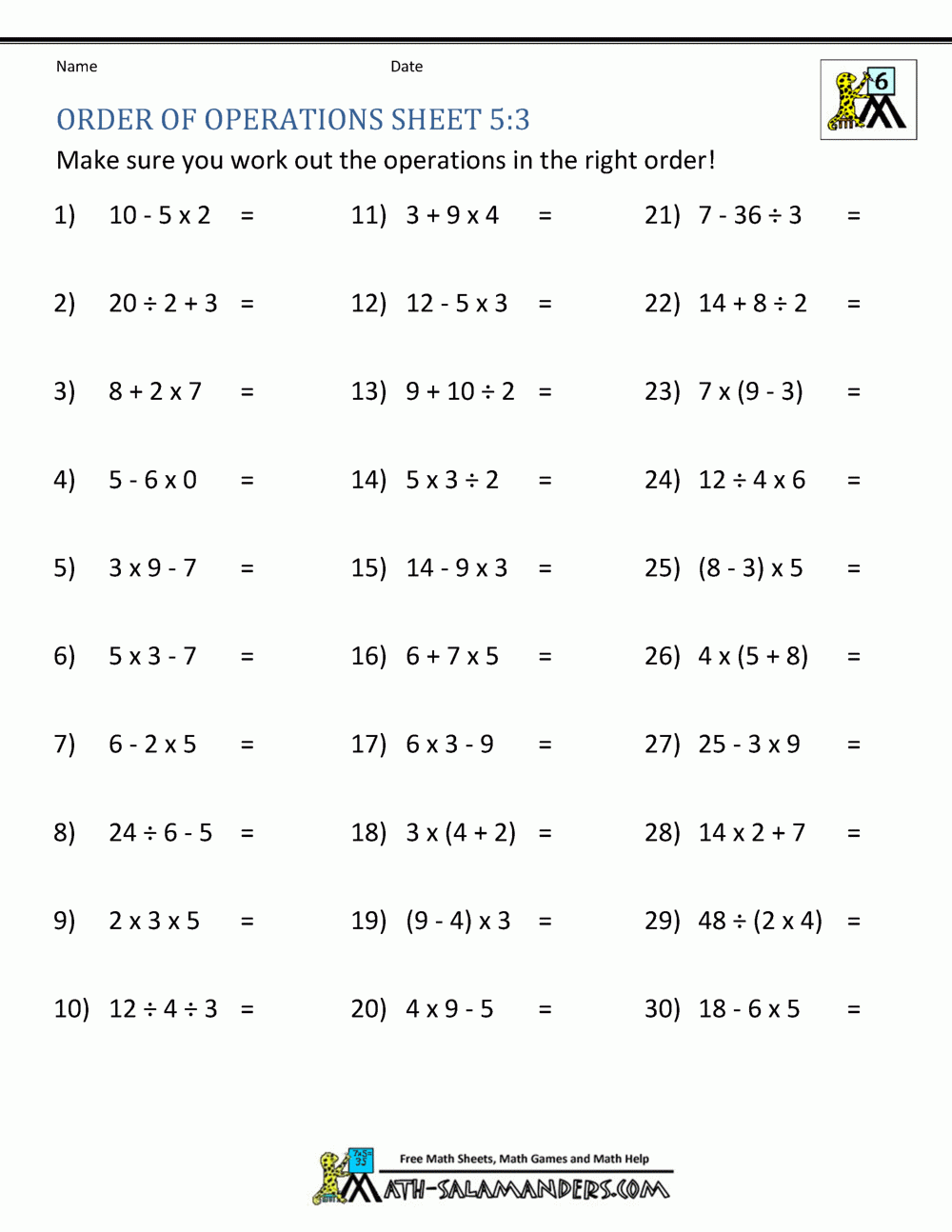 order of operations math worksheets