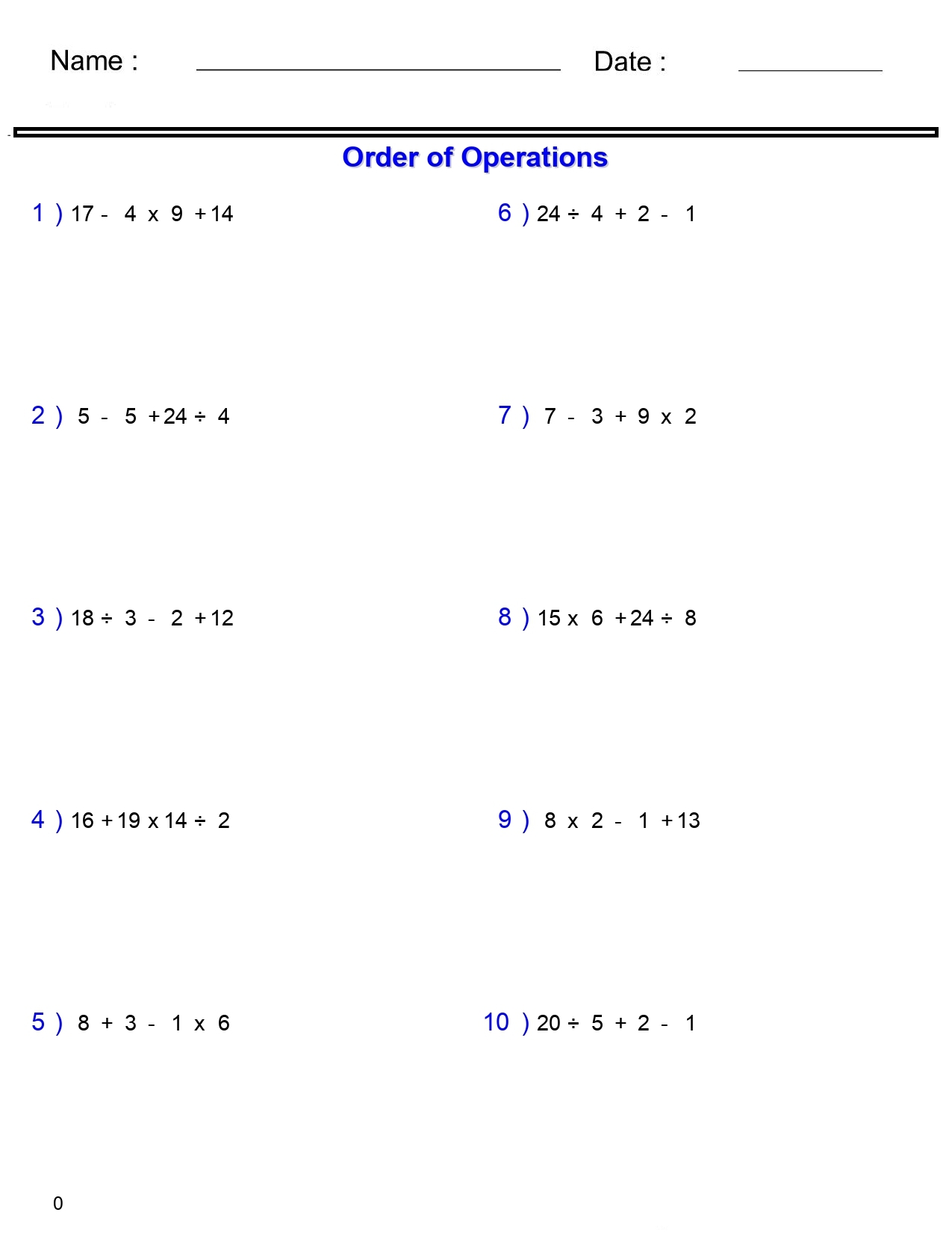 Order Of Operations Math Worksheets