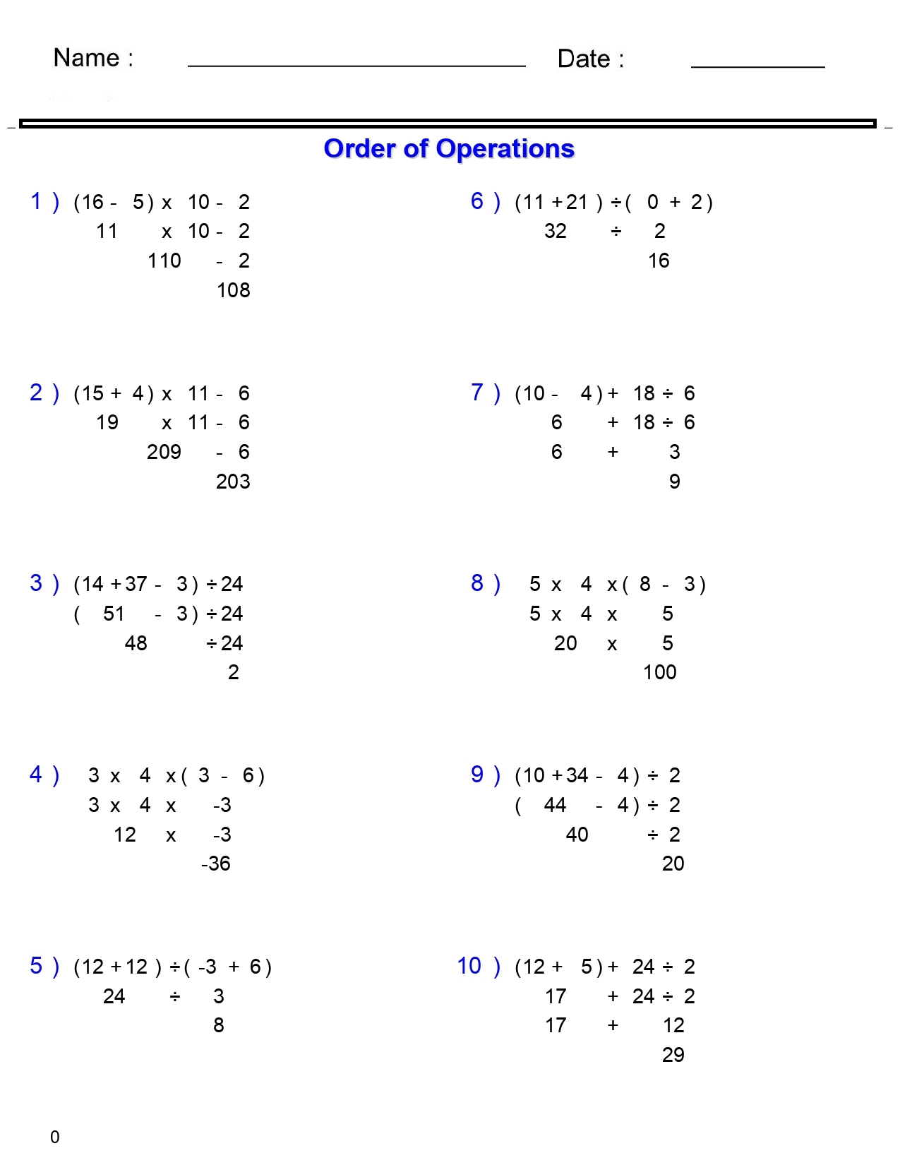 Order Of Operations Math Worksheet