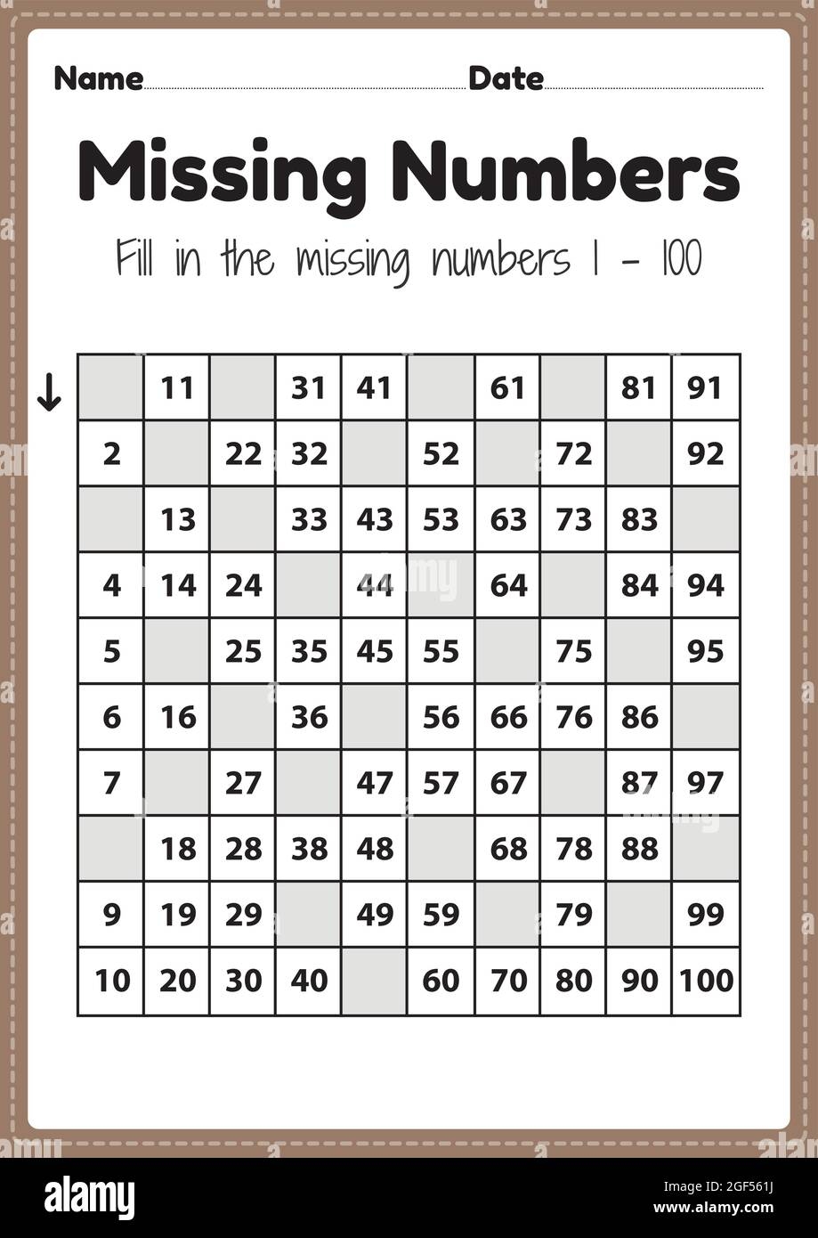 Preschool Math Worksheets Missing Numbers 1 To 100 Printable Sheet For Kindergarten Kids Activity To Learn Basic Mathematics Skills Stock Vector Image Art Alamy