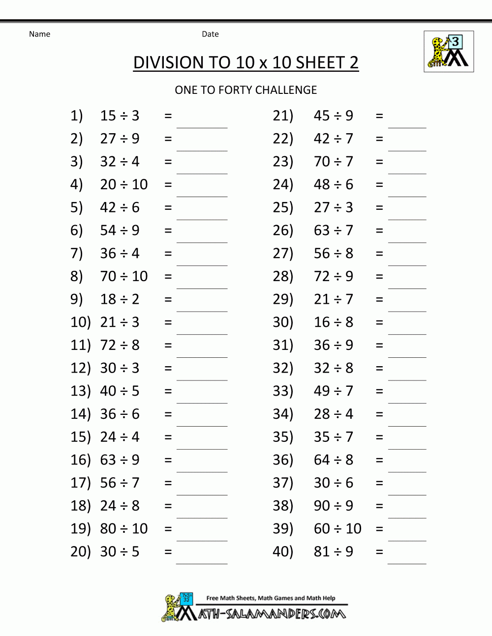 Printable Math Worksheets Division