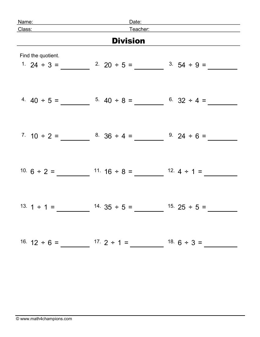 math division worksheets printable