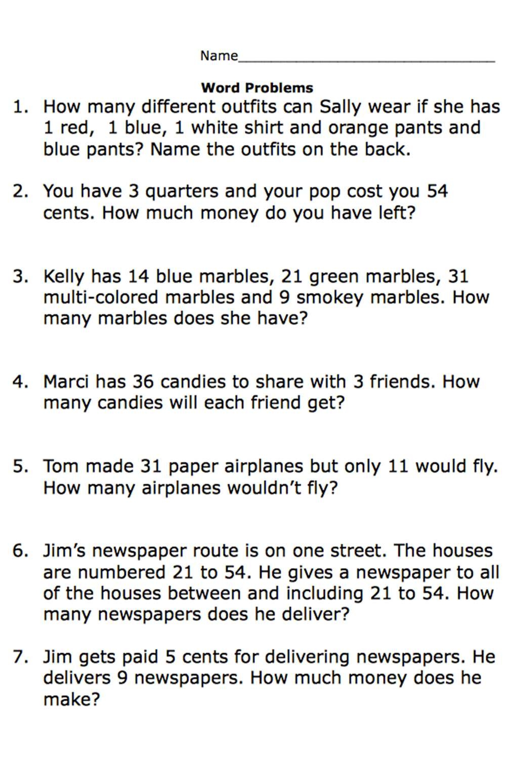 story problem math worksheets