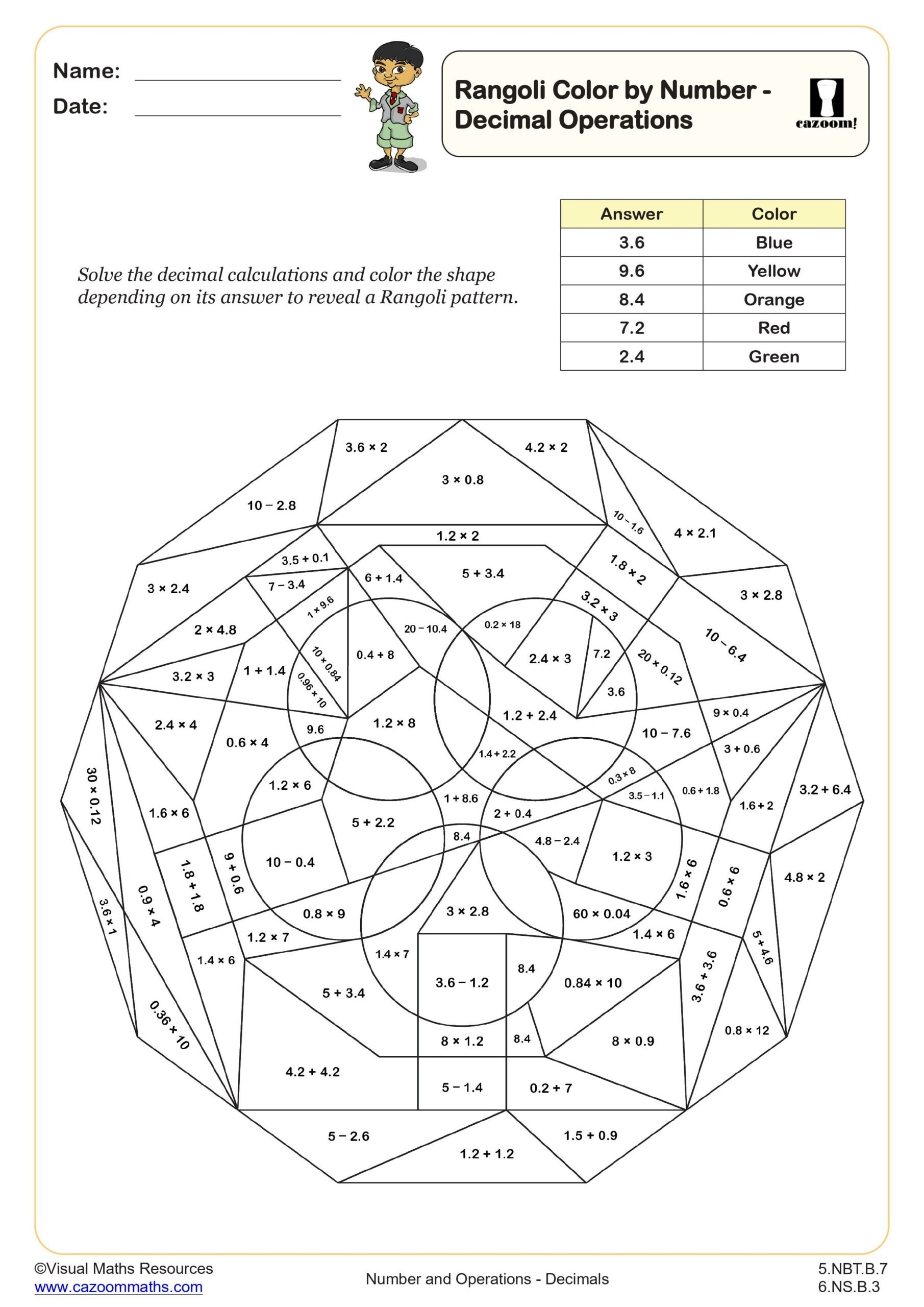 Rangoli Color By Number Decimal Operations Worksheet Printable PDF 5th And 6th Grade Number Operations Worksheet