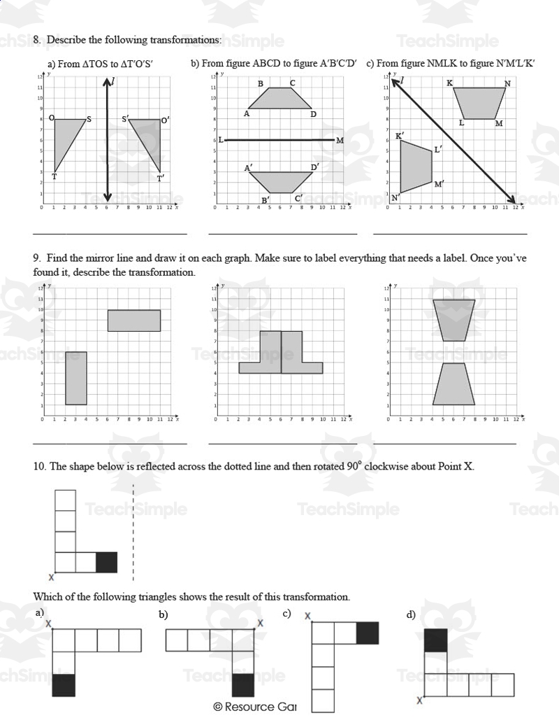 reflection math worksheets