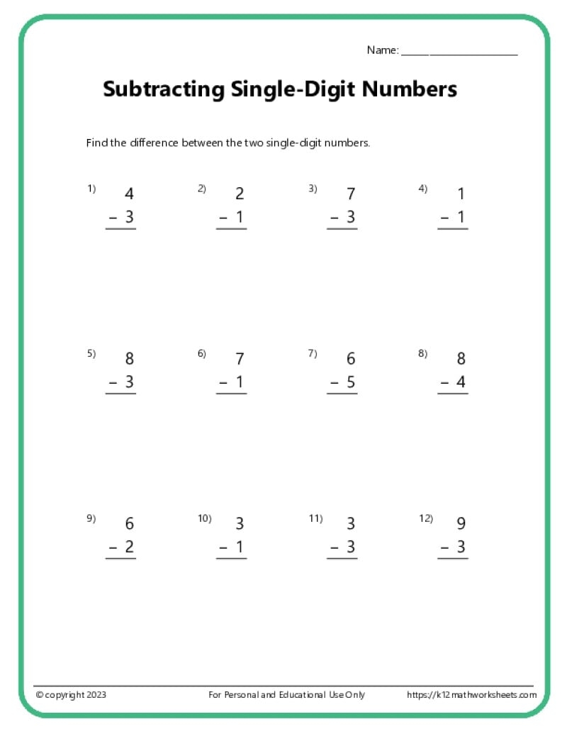 subtraction math worksheets