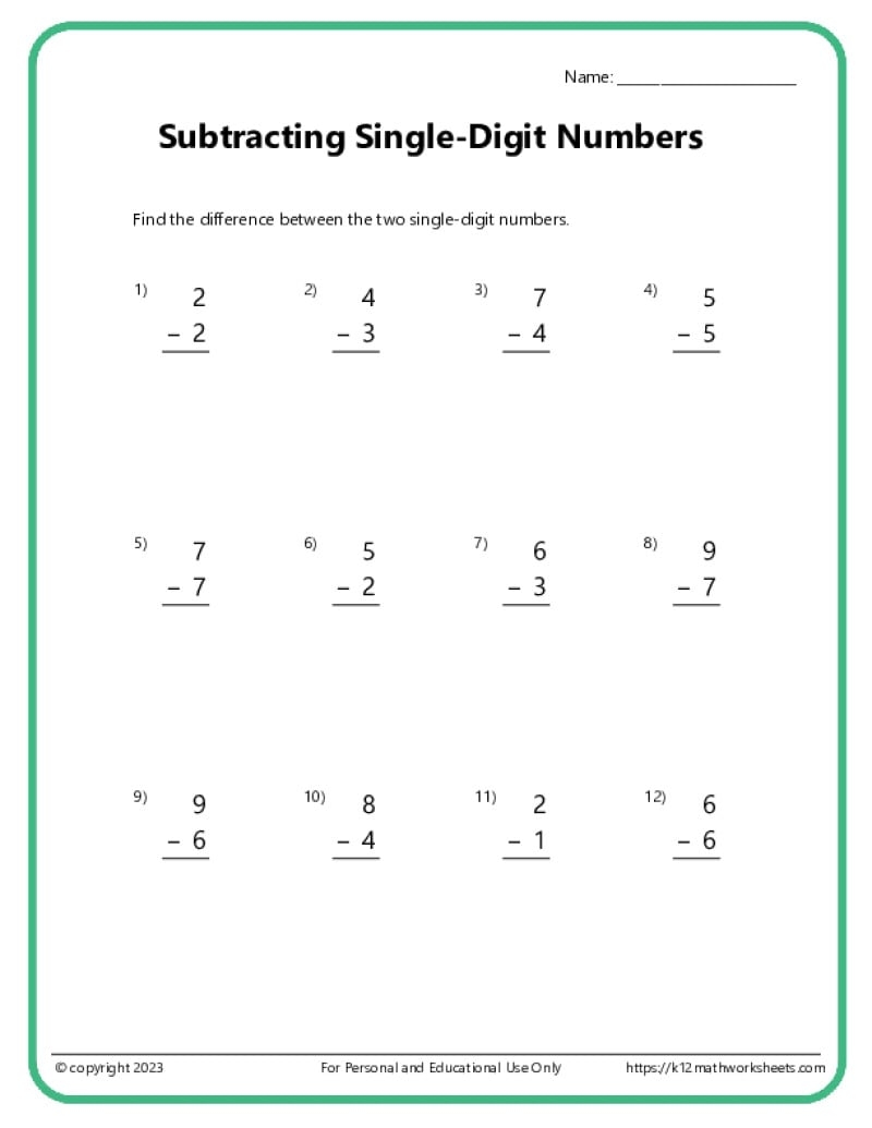 Single Digit Math Worksheets