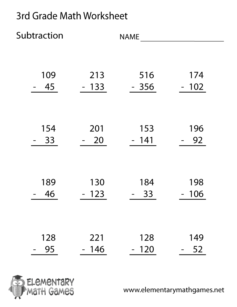 Math 3rd Grade Subtraction Worksheet