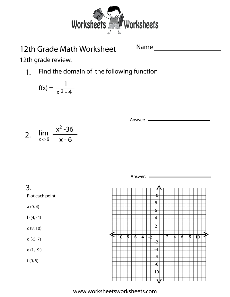 Twelfth Grade Math Practice Worksheet Worksheets Worksheets