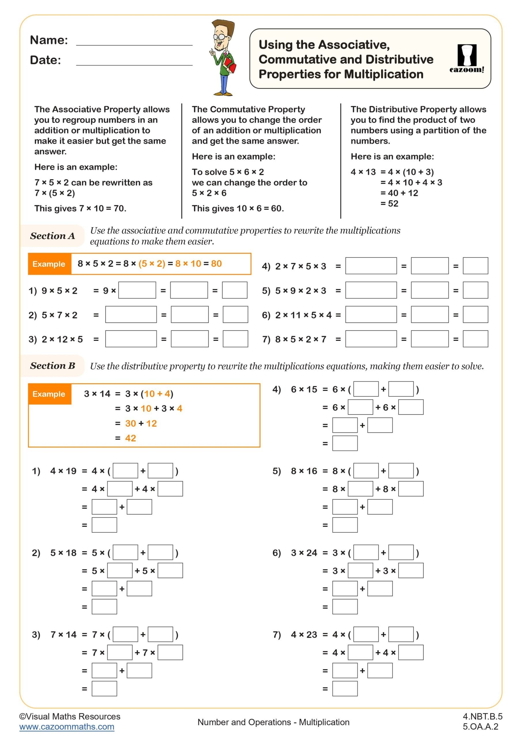 Using The Associative Commutative And Distributive Properties For Multiplication Worksheet Printable PDF 4th And 5th Grade Number Operations Worksheet