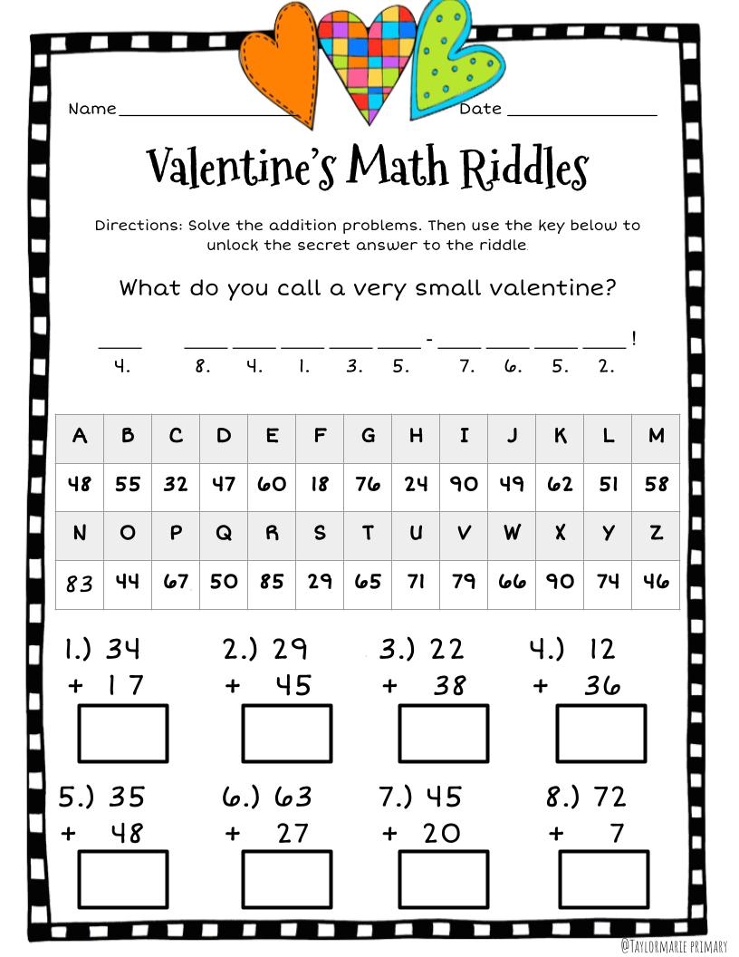 Valentine s Day Math Riddle Worksheets Two Digit Addition Mixed Regrouping Made By Teachers