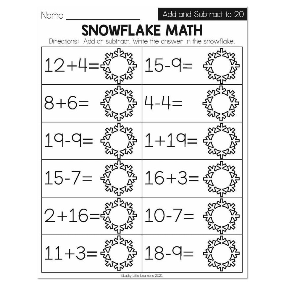 Winter Early Finishers 1st Grade Math Add And Subtract To 20 Snowflake Math Lucky Little Learners