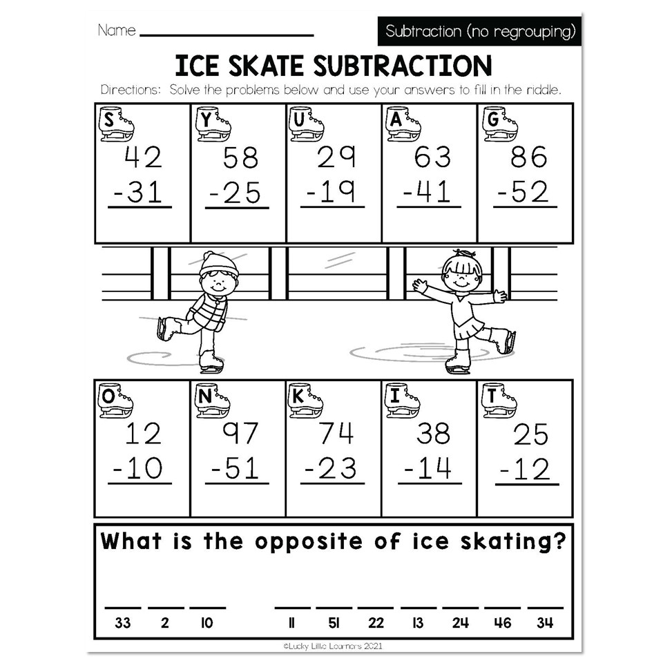 Winter Early Finishers 2nd Grade Math Subtraction no Regrouping Ice Skate Subtraction Lucky Little Learners