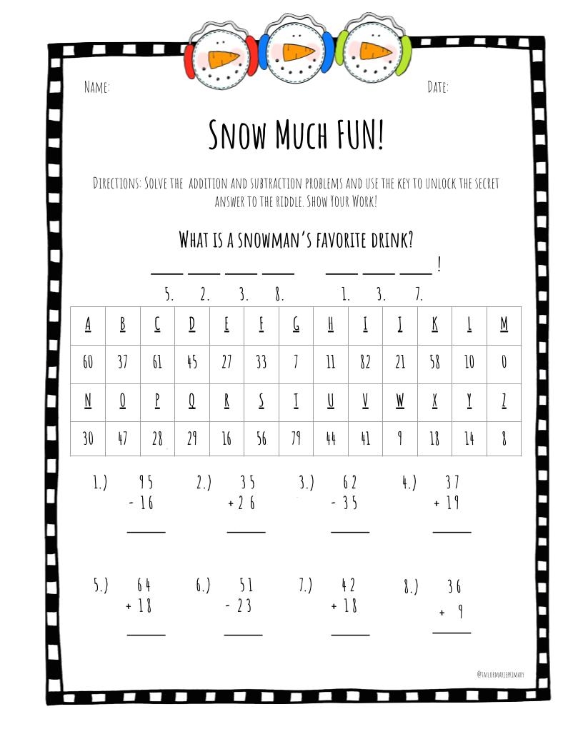 Winter Math Secret Code Riddle Worksheets 2 Digit Addition Subtraction Made By Teachers