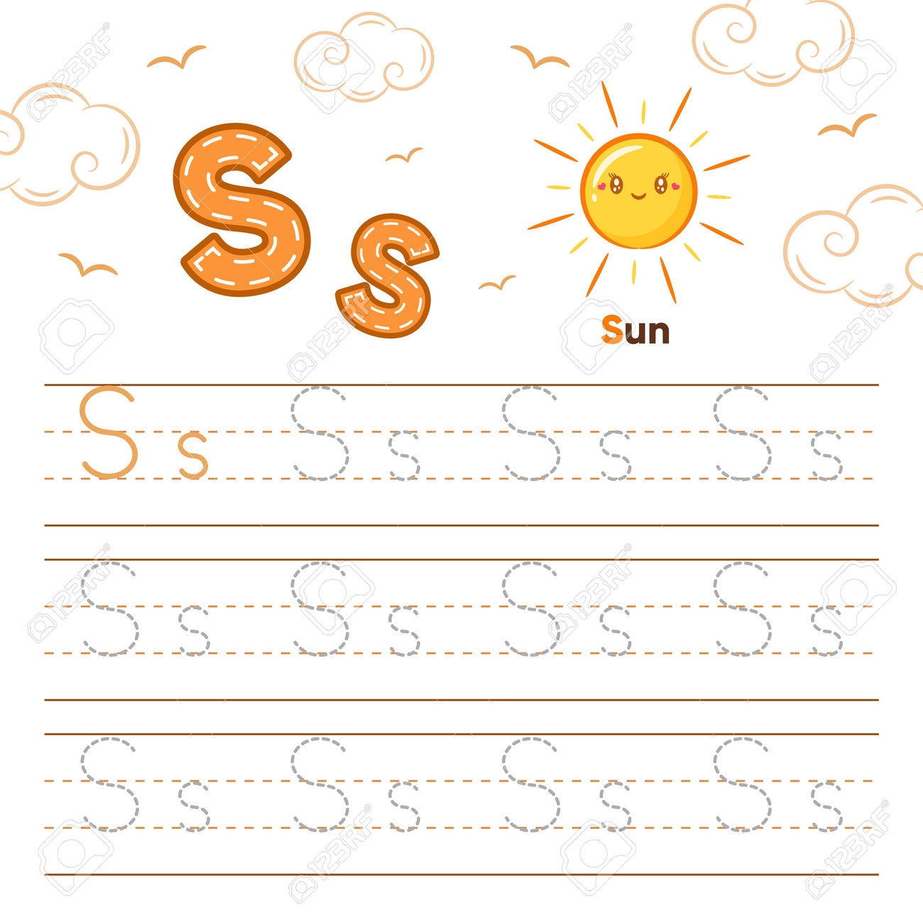 Alphabet Worksheet Letter S Learning With Cute Sun Drawing Royalty Free SVG Cliparts Vectors And Stock Illustration Image 182145160 