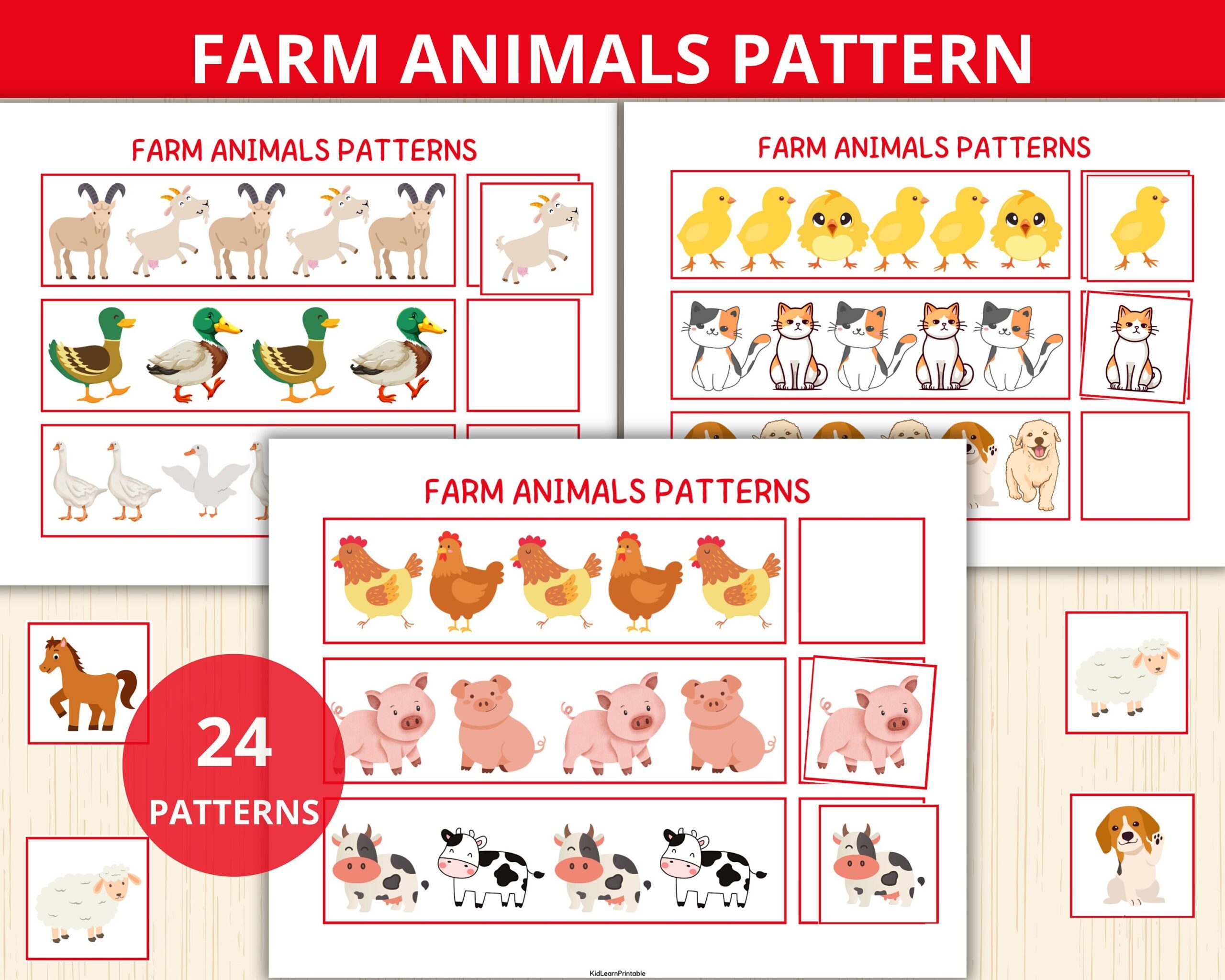 preschool patterns worksheet printable, farm animals preschool patterns worksheet printable, farm animals