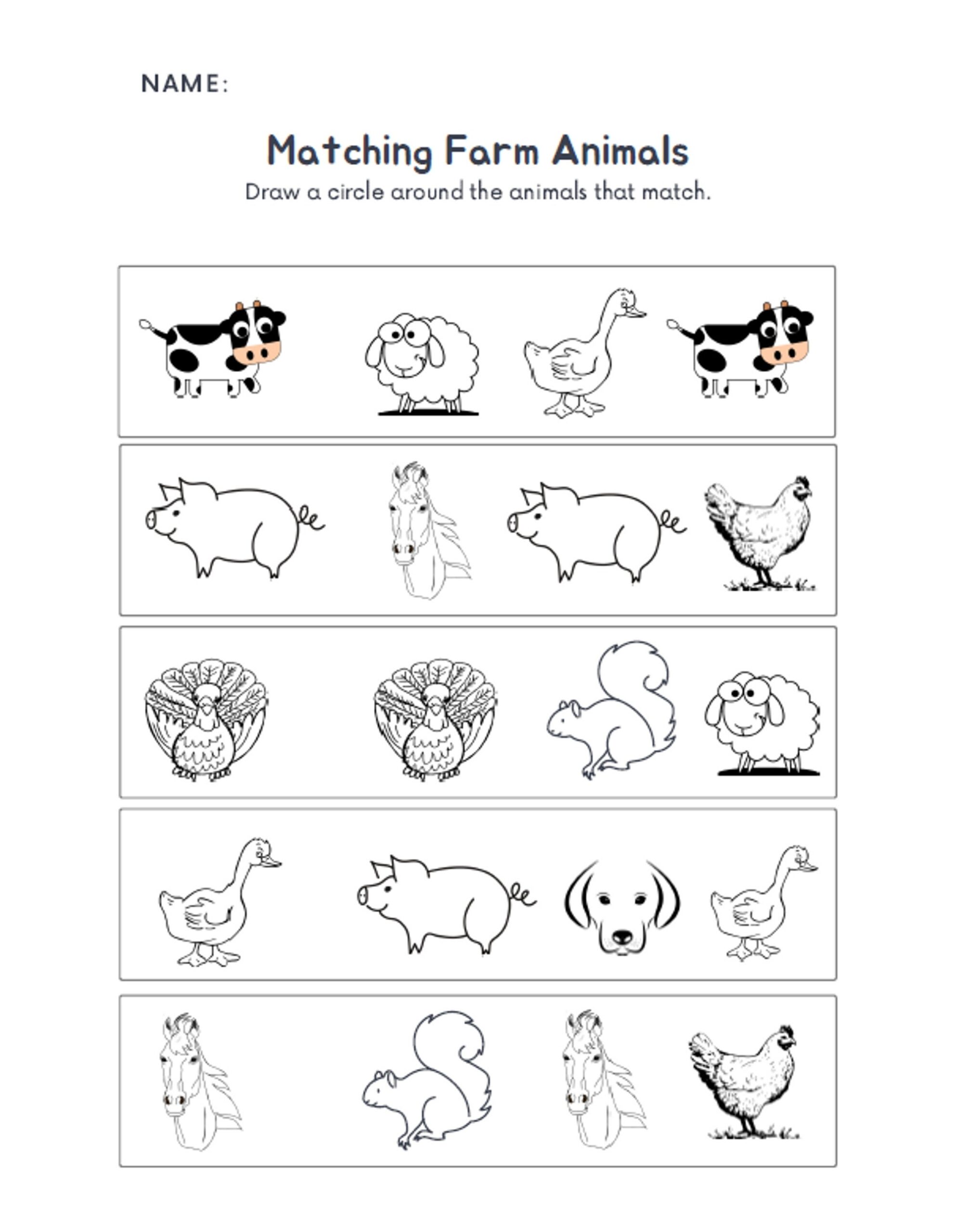 Printable Worksheet Farm Animals, Preschool