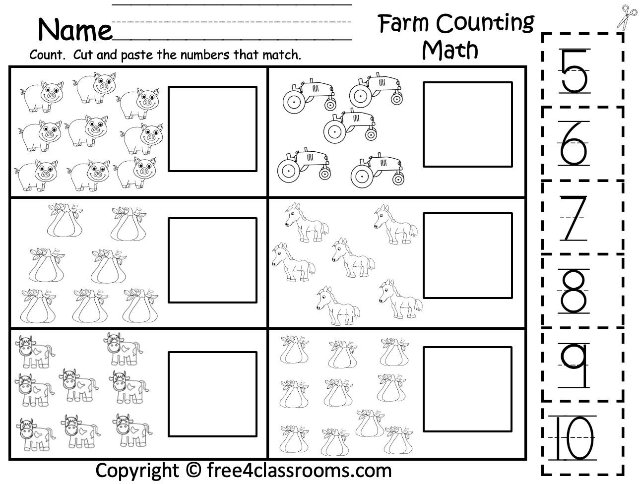 Free Kindergarten Cut And Paste Worksheet Farm Counting Free Worksheets Free4Classrooms