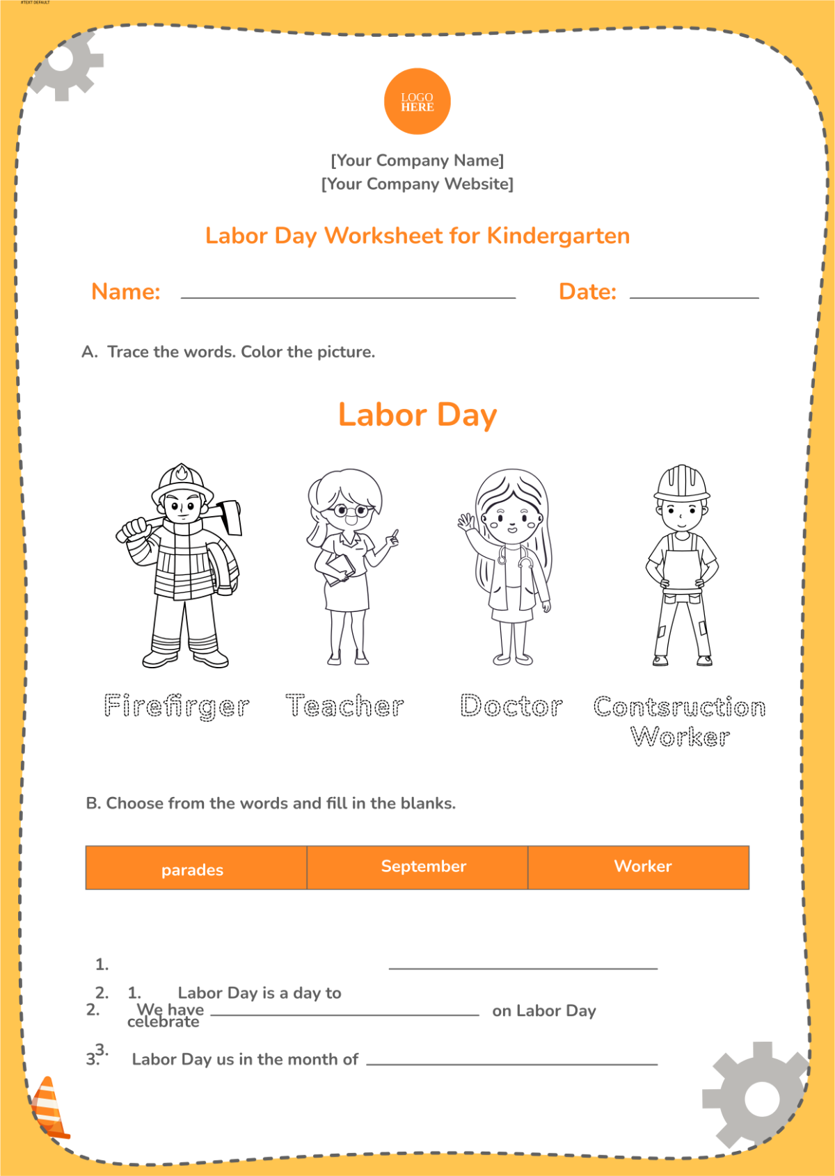 Free Labor Day Worksheet For Kindergarten Template To Edit Online