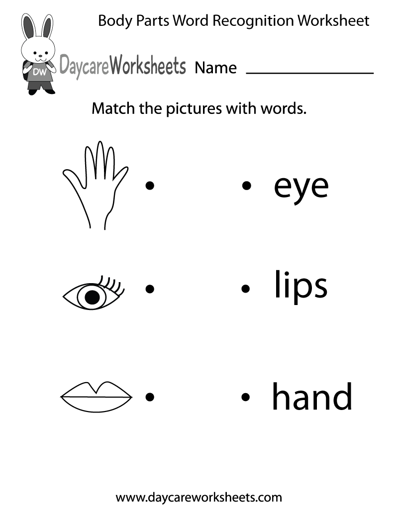 Free Printable Body Parts Word Recognition Worksheet For Preschool
