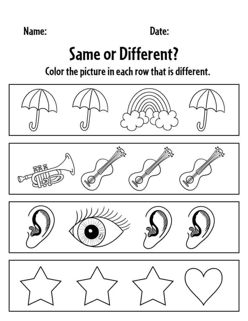 same and different free printable worksheets preschool